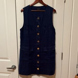 J. Crew Linen Dress Dark Blue Sleeveless, Gold Button-Front Dress